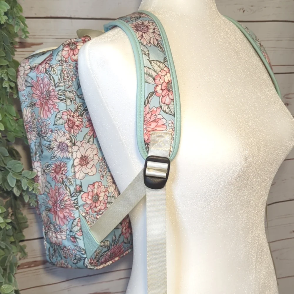 Chrysanthemum Floral Teal and Pink Women's Backpack Purse Satin Feminine Girly‎